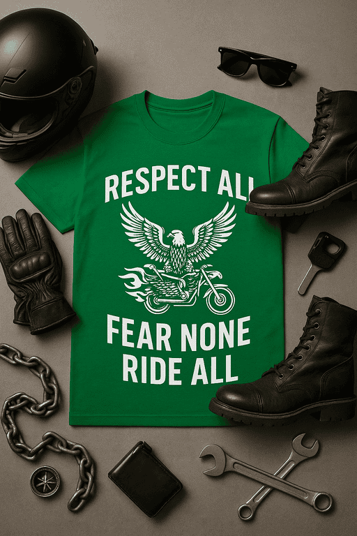 Motorcycle graphic t-shirt with sunglasses, gloves, helmet, and gear for bikers or motorcycle enthusiasts.