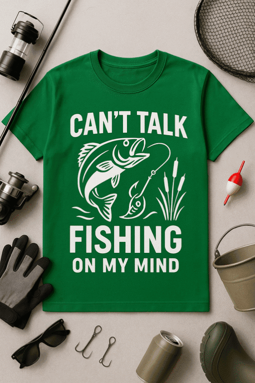 Fishing T-shirt with "Can't Talk Fishing on My Mind" design, perfect for fishing enthusiasts and outdoor lovers.