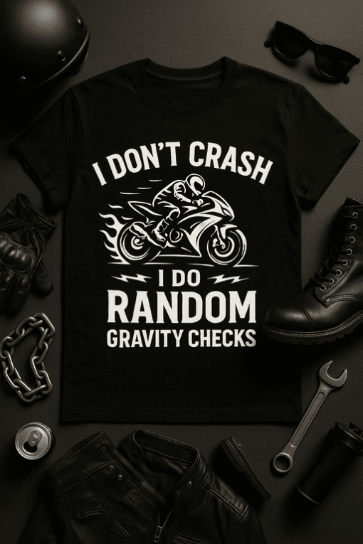 1. Funny motorcycle t-shirt with gravity check joke for casual wear.