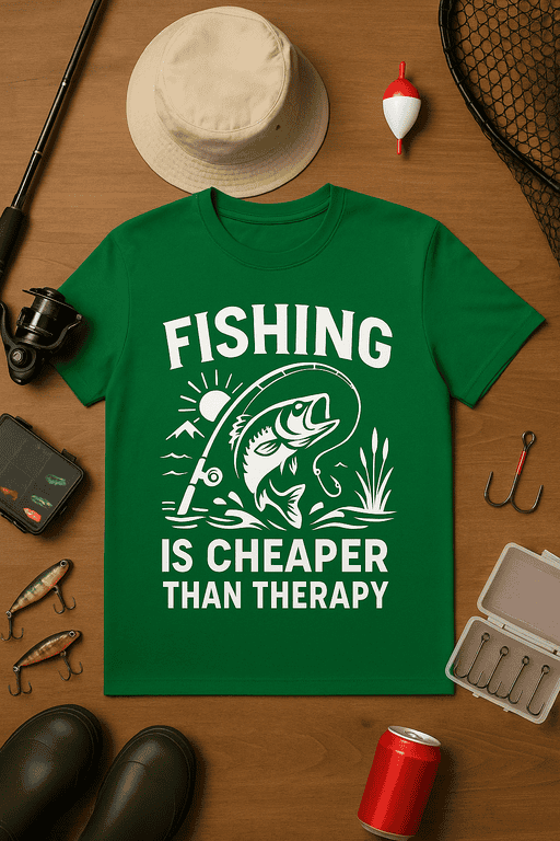 Fishing T-shirt with humorous slogan "Fishing is Cheaper Than Therapy" on green background.