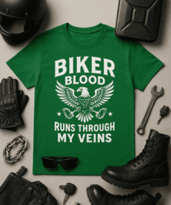Biker blood t-shirt with eagle graphic, motorcycle accessories, and rugged gear for bikers.