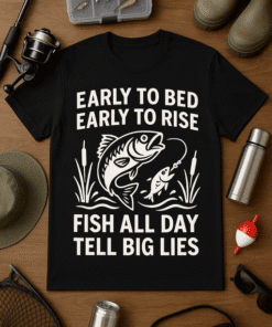 Fishing T-shirt with humorous quote about early mornings and fishing lifestyle for men and women.
