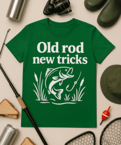 Old rod new tricks fishing t-shirt, outdoor gear, fishing accessories, fishing tackle, fishing gift idea.