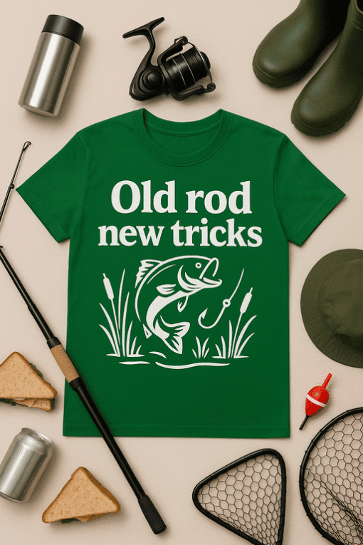 Old rod new tricks fishing t-shirt, outdoor gear, fishing accessories, fishing tackle, fishing gift idea.