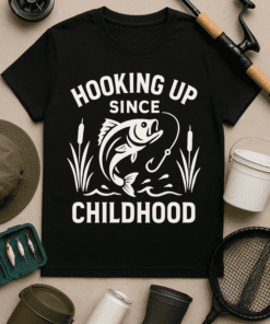 Hooking Up Since Childhood fishing T-shirt, fishing gear, fishing rod, bass fish, outdoor recreation, fishing apparel.