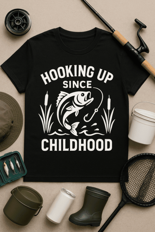 Hooking Up Since Childhood fishing T-shirt, fishing gear, fishing rod, bass fish, outdoor recreation, fishing apparel.