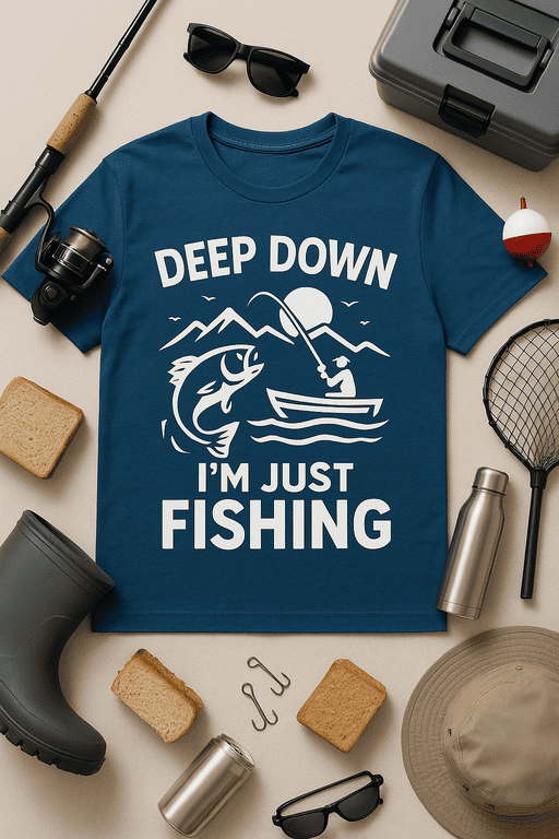 Fishing graphic T-shirt with the text "Deep Down I'm Just Fishing" for men, outdoor fishing gear, casual lake life apparel.