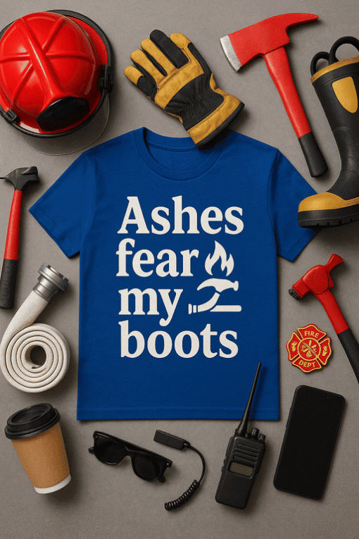 Fire department firefighter safety gear tshirt, ashes fear my boots, firefighting equipment, custom firefighter t-shirt design.