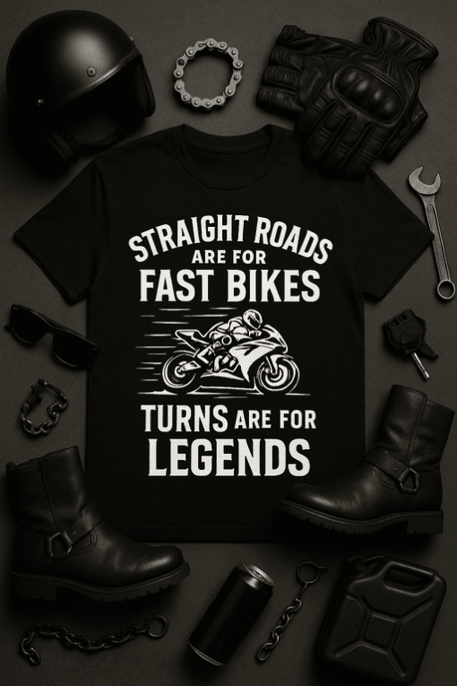 Motorcycle T-shirt with speed and legend quote for biker enthusiasts.