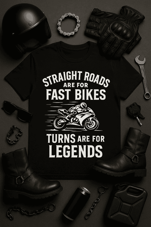 Motorcycle T-shirt with speed and legend quote for biker enthusiasts.