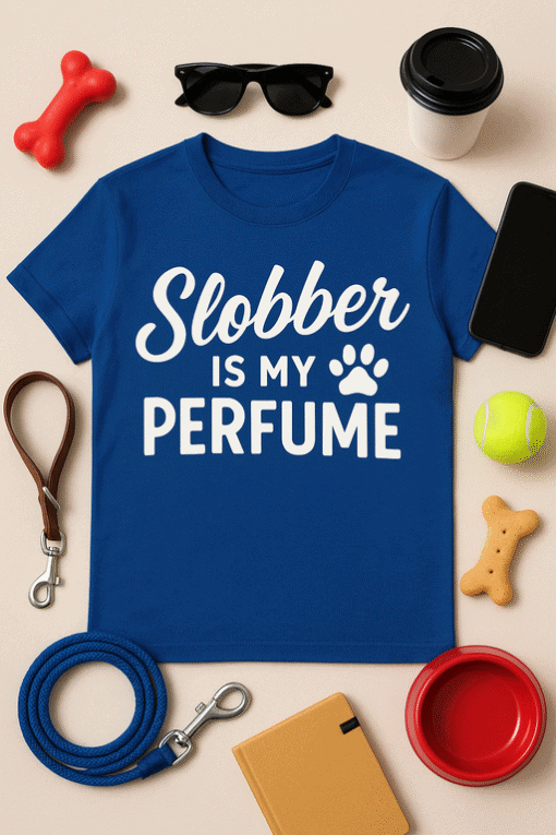 Slobber is my perfume T-shirt with playful dog lover quote, casual fun graphic tee for pet owners.