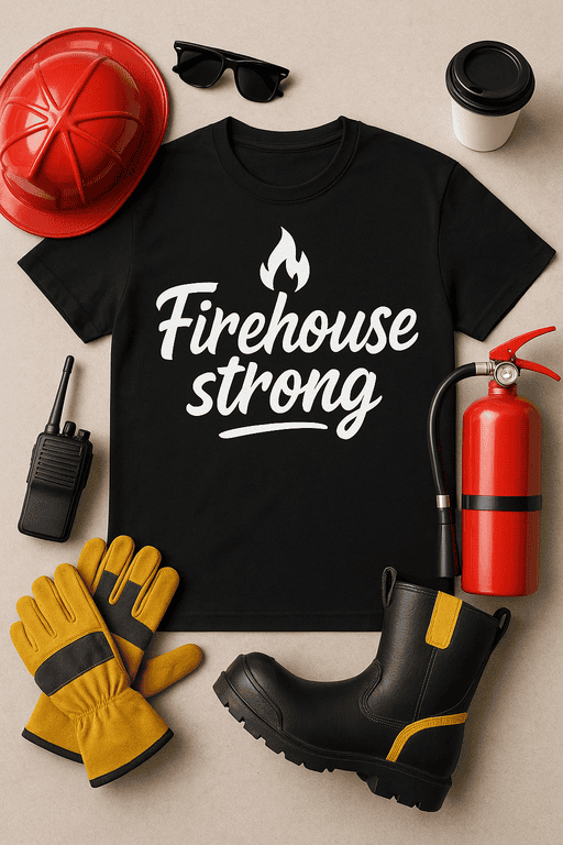Firefighter-themed T-shirt with fire icon and bold "Firehouse strong" text for firefighting gear fans.