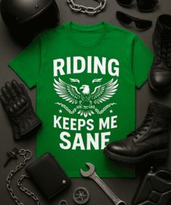 Black motorcycle helmet with visor, chain, sunglasses, gloves, boots, and wrench surrounding a green riding-themed T-shirt.