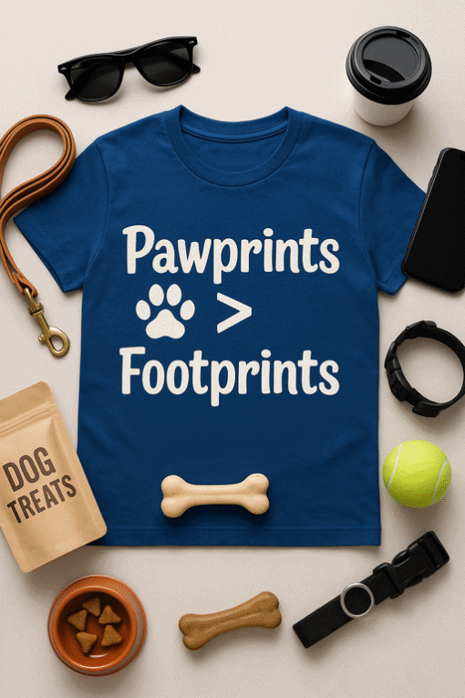 Pawprints greater than footprints T-shirt for dog lovers, pet paw print humor, casual animal graphic tee.