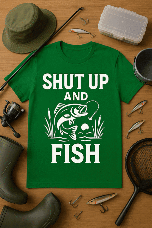 Fishing T-shirt with "Shut Up and Fish" slogan, perfect for anglers and outdoor enthusiasts.