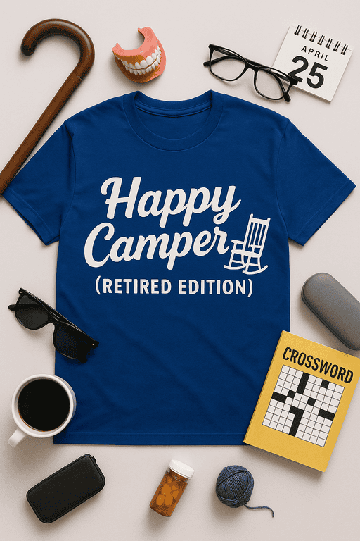 Relaxed campsite T-shirt for retirees, happy camper graphic, retirement humor apparel, adventure vacation tee.