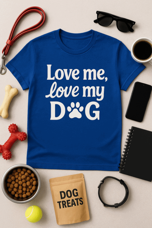 - Custom dog lover T-shirt with "Love me, love my dog" paw print design.