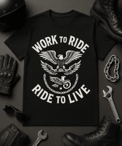 1. Motorcycle-themed black T-shirt with eagle and chain design for riders and biking enthusiasts.