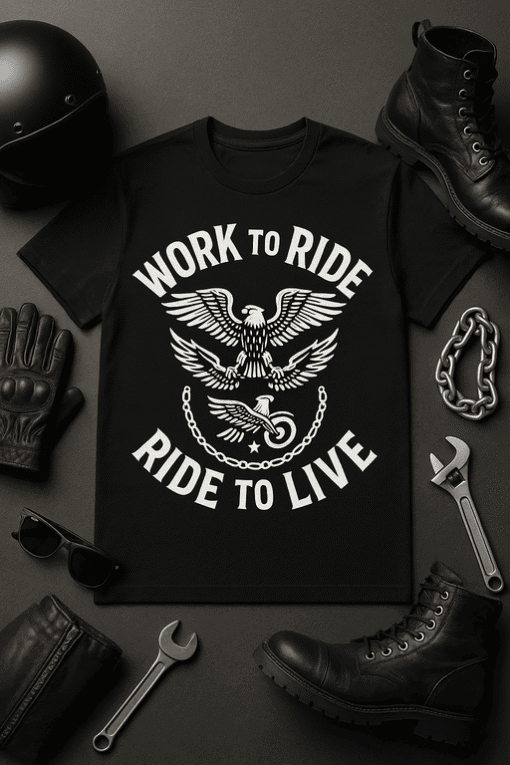 1. Motorcycle-themed black T-shirt with eagle and chain design for riders and biking enthusiasts.