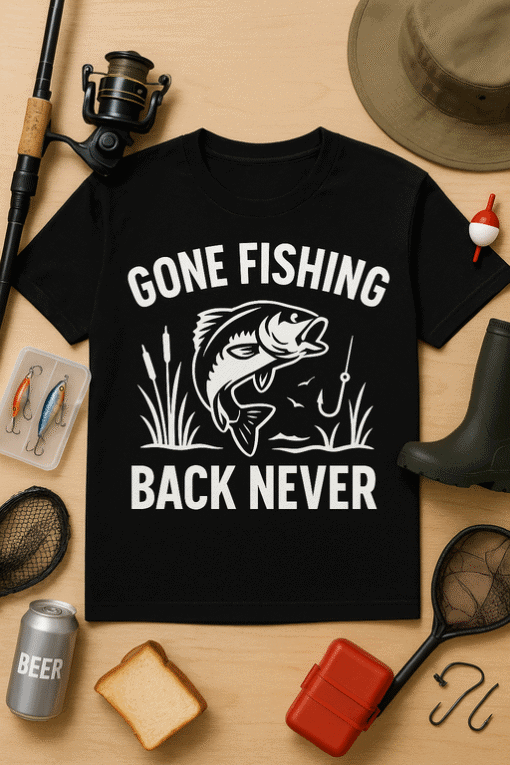 Gone Fishing Back Never T-shirt with fish graphic for fishing lovers and outdoor enthusiasts.