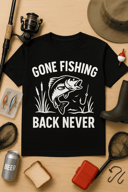 Gone Fishing Back Never T-shirt with fish graphic for fishing lovers and outdoor enthusiasts.