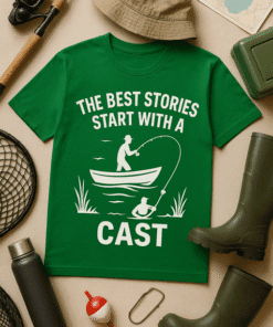 Fishing-themed T-shirt with humorous quote about storytelling and casting. Perfect for outdoor or fishing enthusiasts.