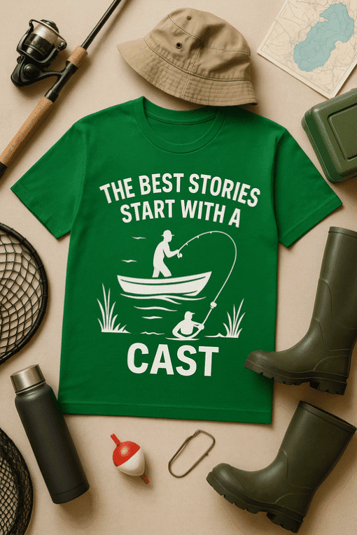 Fishing-themed T-shirt with humorous quote about storytelling and casting. Perfect for outdoor or fishing enthusiasts.