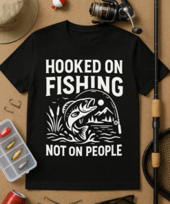 1. Funny fishing t-shirt with hook and mountain design, perfect for anglers and outdoor enthusiasts.
