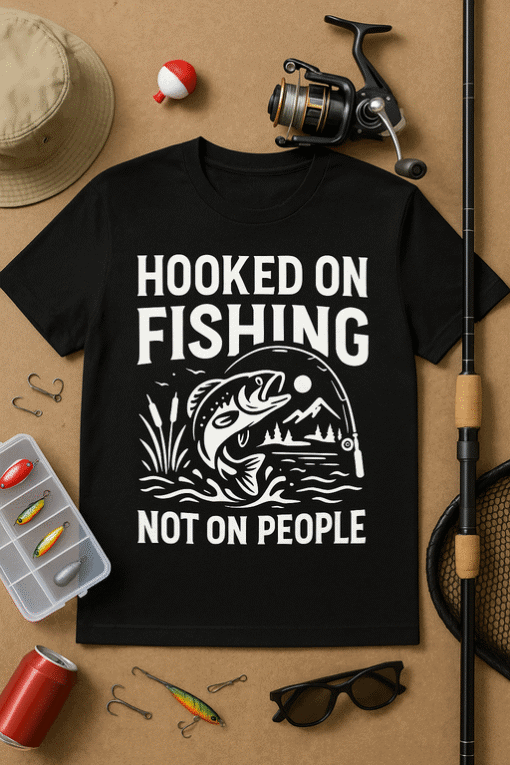 1. Funny fishing t-shirt with hook and mountain design, perfect for anglers and outdoor enthusiasts.