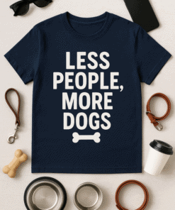 Cute navy T-shirt with playful "Less People, More Dogs" slogan and bone graphic. Perfect for dog lovers and casual wear.