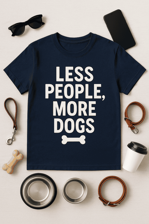 Cute navy T-shirt with playful "Less People, More Dogs" slogan and bone graphic. Perfect for dog lovers and casual wear.