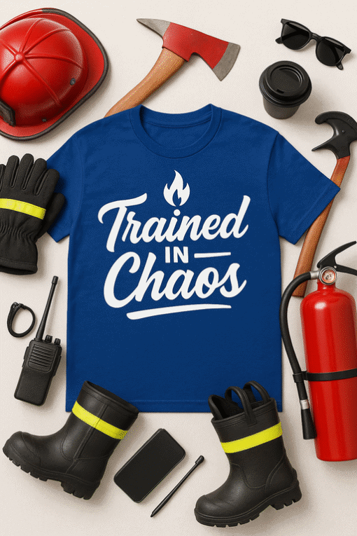 Firefighter T-shirt with "Trained in Chaos" slogan, firefighter gear, rescue tools for emergency personnel.