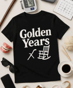 Relaxing vintage t-shirt design with the phrase "Golden Years" and retro icons, perfect for 50th birthday or retirement celebrations.