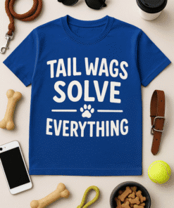 1. Bold blue T-shirt with humorous "Tail Wags Solve Everything" print for dog lovers.