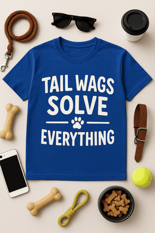 1. Bold blue T-shirt with humorous "Tail Wags Solve Everything" print for dog lovers.