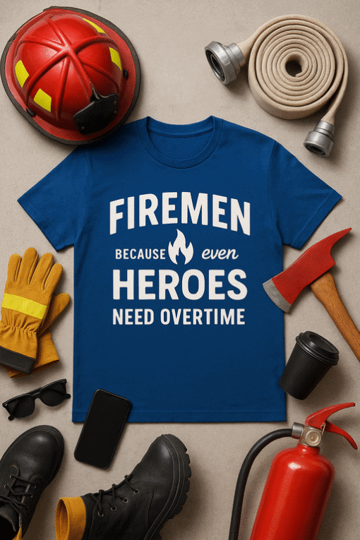 Fireman t-shirt with hero quote and firefighter gear displayed on flat lay.