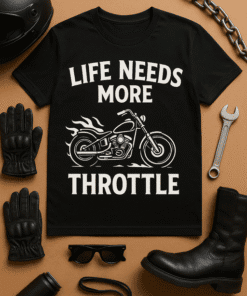 Motorsport T-shirt with Kustom Motorcycle Graphic and "Life Needs More Throttle" Text.