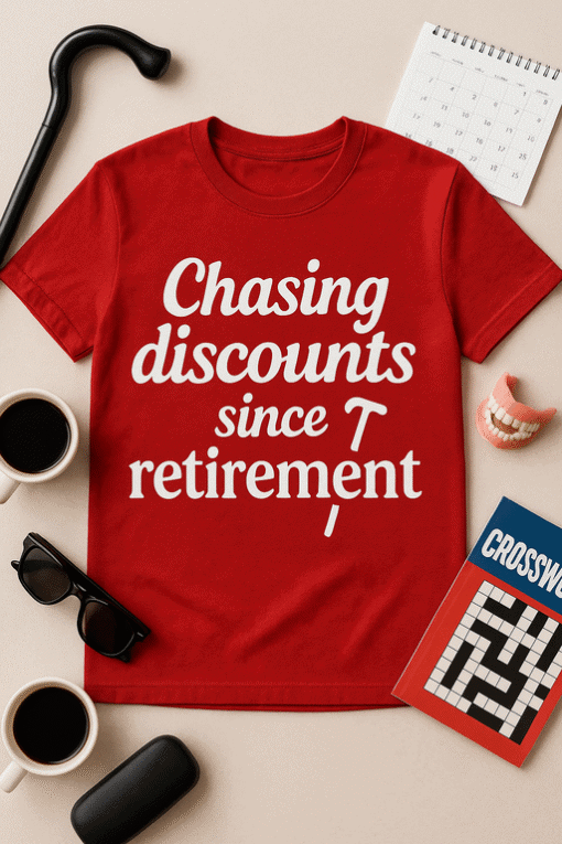 Chasing discounts T-shirt, retirement humor, funny casual tee for retirees and bargain lovers.
