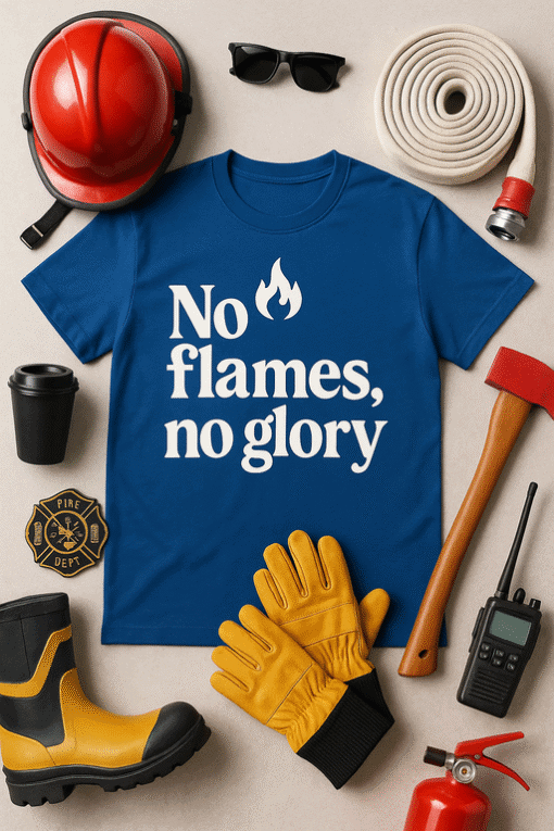 Fire safety firefighter t-shirt with "No flames, no glory" slogan and flame icon.