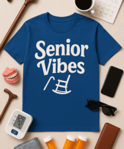 Senior Vibes T-shirt with playful rocking chair graphic for adults, perfect casual wear.