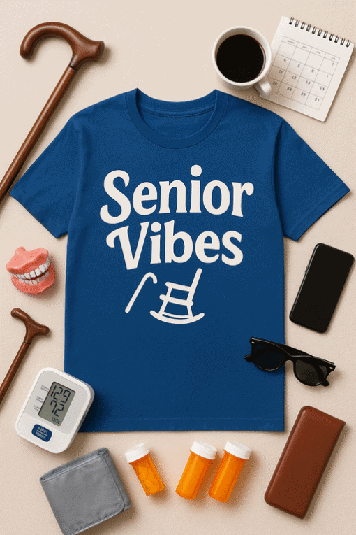 Senior Vibes T-shirt with playful rocking chair graphic for adults, perfect casual wear.