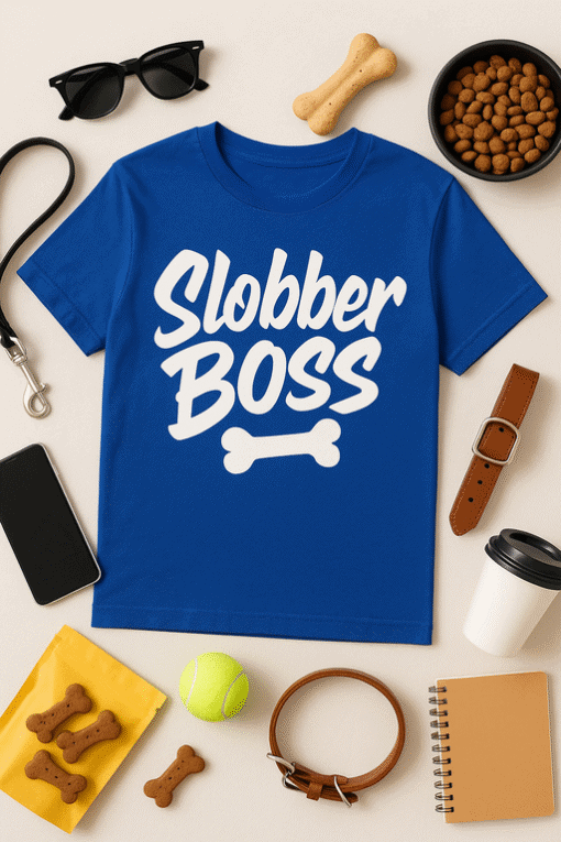 Bright Blue T-shirt with "Slobber Boss" Dog Text for Pet Lover Apparel and Dog Lover Gifts.
