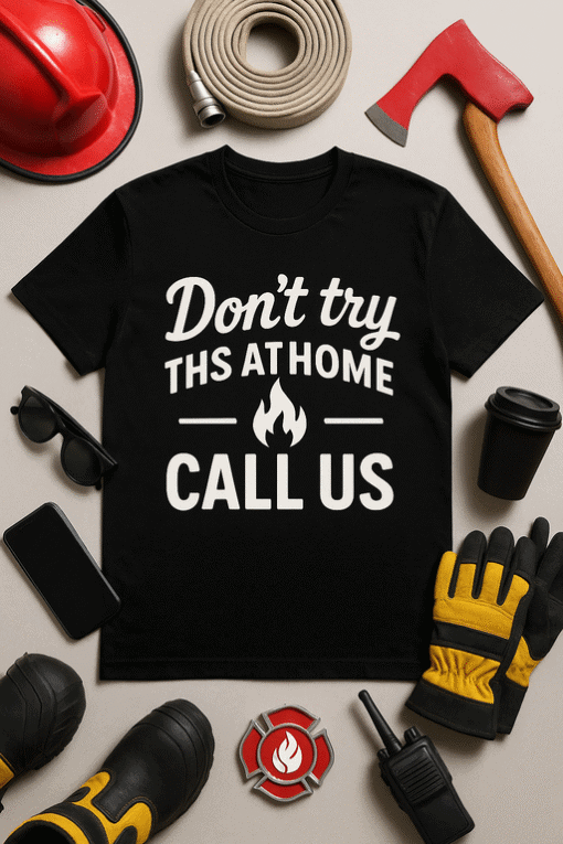 Firefighter t-shirt with call us message and flame graphic.