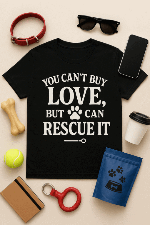 Dog rescue t-shirt, love dogs, pet rescue apparel with paw print design, animal lover gift.