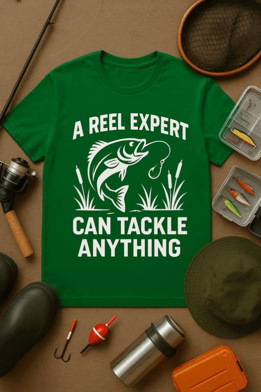 A reel expert can tackle anything fishing T-shirt for anglers.