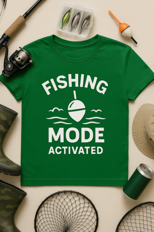 Fishing T-shirt with fishing mode activated design, perfect for anglers and fishing enthusiasts.