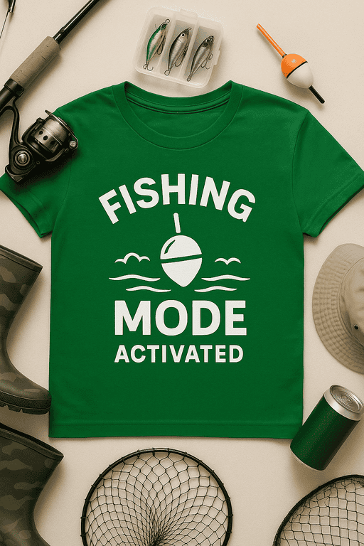 Fishing T-shirt with fishing mode activated design, perfect for anglers and fishing enthusiasts.
