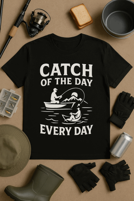Catch of the Day T-shirt with fishing design, perfect for fishing enthusiasts and outdoor lovers.