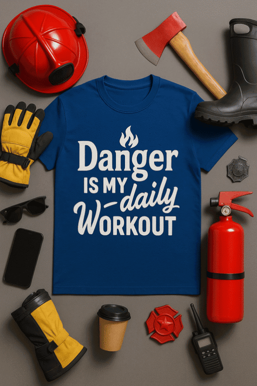 Danger daily workout T-shirt with fire motif, gym essentials, safety gear, firefighter equipment, workout apparel, fitness motivation, casual athletic tee.