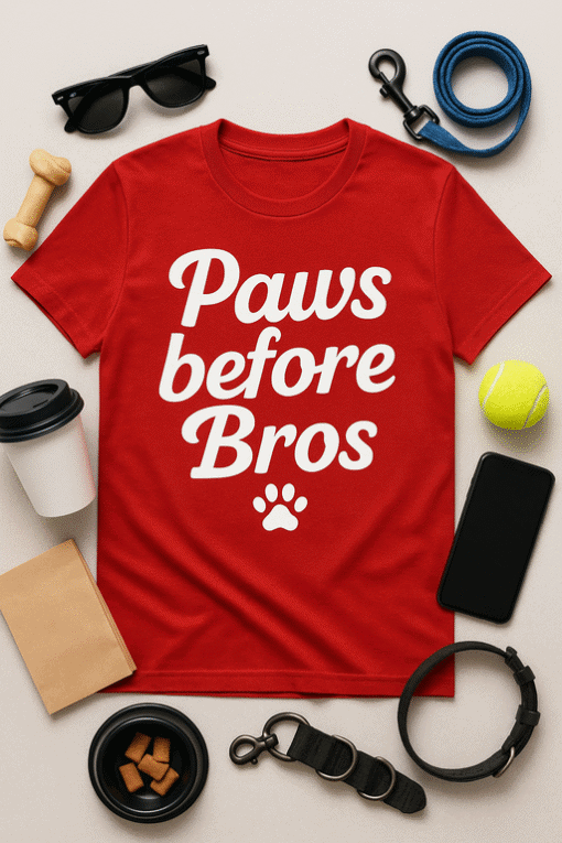 Paws before Bros red t-shirt with paw print, perfect for pet lovers and casual wear.